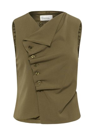 Mouwloze olijfgroene top met een asymmetrische knoopsluiting en een brede kraag, gemaakt van een soepele, iets gestructureerde stof.