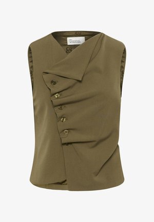 Ärmatud oliivroheline topp ebaühtlase nööpjaoksega ja laia kraega, millel on sile, veidi struktureeritud kangas.