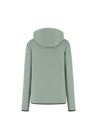Hoodie en maille côtelée vert clair vu de dos, avec des manches longues et des finitions noires aux poignets et à l'ourlet.