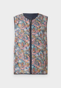 Floral-patterned padded vest featuring a zip front, rounded neckline, and dark blue trim. Colors include pink, orange, green, and blue flowers.