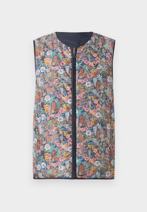 Floral-patterned padded vest featuring a zip front, rounded neckline, and dark blue trim. Colors include pink, orange, green, and blue flowers.