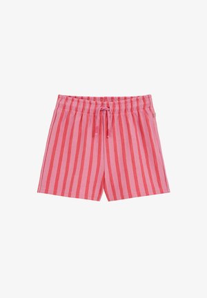 Shorts décontractés à rayures verticales roses et rouges avec une taille élastique et un cordon de serrage sur fond blanc.