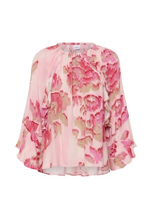 Rozā blūze ar vaļīgām garām piedurknēm, volāniem un abstraktu ziedu rakstu sarkanā, rozā un bēšā toņos.