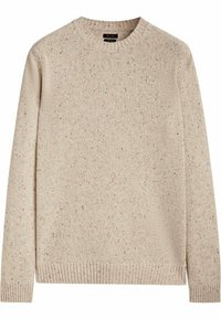 Beige neulepaita, jossa on pyöreä kaula-aukko, hienovarainen täpläinen rakenne, ribbikuvioidut hihat ja helma. Kevyt kangas, joka soveltuu kerrostettavaksi.