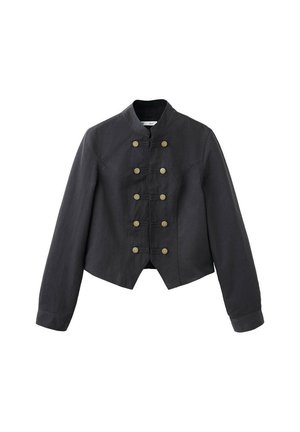 Chaqueta corta negra con mangas largas, cuello alto y dos filas de seis botones de latón en la parte delantera.