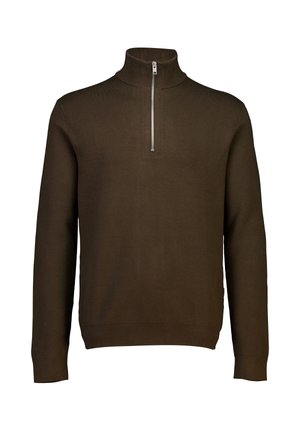 Bruine trui met ritssluiting, gemaakt van een zachte gebreide stof. Voorzien van lange mouwen, een geribbelde kraag en een zilveren rits voor eenvoudig aan- en uittrekken.