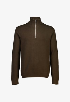 Bruine trui met ritssluiting, gemaakt van een zachte gebreide stof. Voorzien van lange mouwen, een geribbelde kraag en een zilveren rits voor eenvoudig aan- en uittrekken.