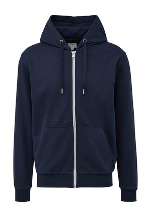 Sudadera con cremallera azul marino hecha de material suave, con capucha, cordones, dos bolsillos frontales y puños y dobladillo acanalados.
