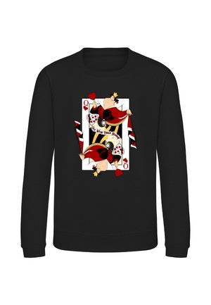 Sort sweatshirt med et tegneserie-design af hjerter dame spillekort, der holder et hjerte og bærer rød, sort og guldkongelig påklædning.