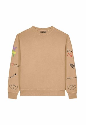 Beige sweatshirt met lange mouwen. Bevat verschillende gekleurde graphics, waaronder bloemen, harten en handgeschreven tekst op de mouwen. Rond de hals.