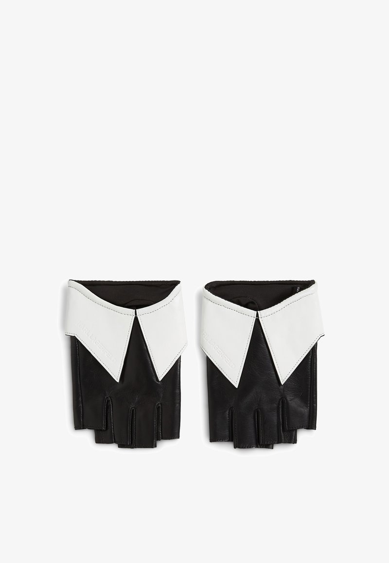 Guanti in pelle neri senza dita con ampie polsini bianchi a forma di colletto di camicia, impreziositi dalla marcatura "Karl Lagerfeld".