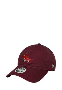 Maroon baseball cap with embroidered red chili peppers and "Spicy" text on front and adjustable fit sticker on brim.