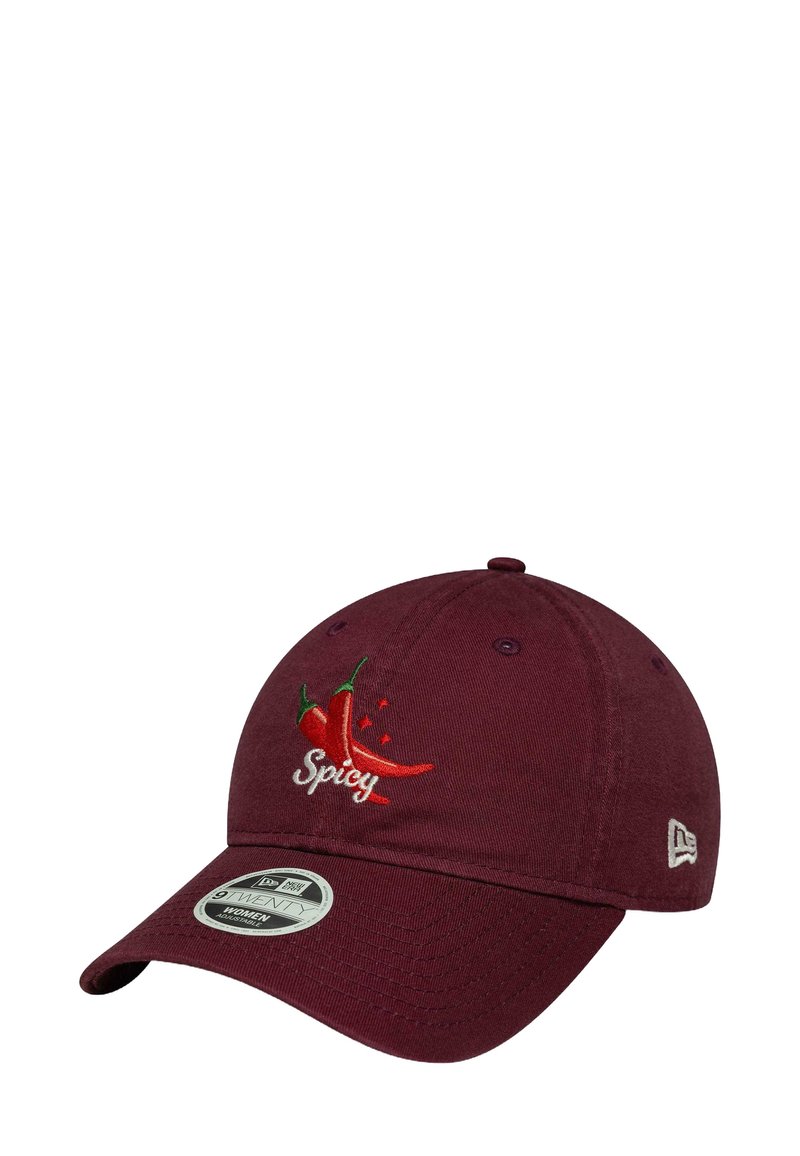 Maroon baseball cap with embroidered red chili peppers and "Spicy" text on front and adjustable fit sticker on brim.