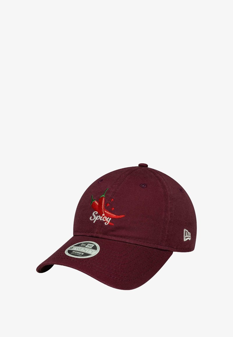 Maroon baseball cap with embroidered red chili peppers and "Spicy" text on front and adjustable fit sticker on brim.