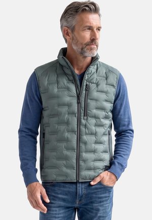 Uomo con capelli grigi e barba che indossa un gilet trapuntato verde chiaro senza maniche sopra una camicia blu a maniche lunghe e jeans blu, mano in tasca.