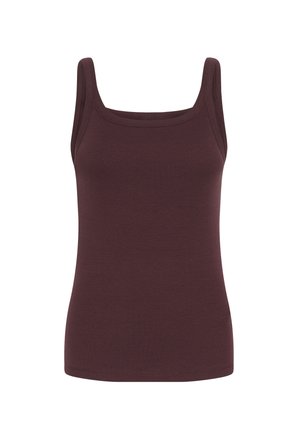 Burgundy ribbetty toppi, jossa on neliömäinen pääntie ja ohuet hihnat, valmistettu pehmeästä, joustavasta kankaasta. Ei kuvioita tai koristeita.