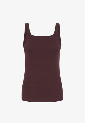 Burgundowy, prążkowany top na ramiączkach z kwadratowym dekoltem i cienkimi paskami, wykonany z miękkiego, elastycznego materiału. Brak wzorów lub akcentów.