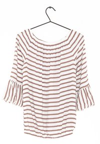 Striped top with an off-the-shoulder design, featuring white and brown stripes, elasticized hem, and flared sleeves. Lightweight fabric.
