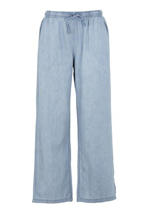 Ljusblå vida jeansbyxor med elastisk midja och dragsko, sidofickor samt råa fållar.