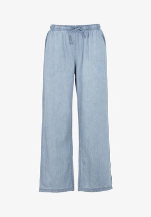 Lichtblauwe wijde denimbroek met een elastische tailleband en trekkoord, zijzakken en een onafgewerkte zoom.