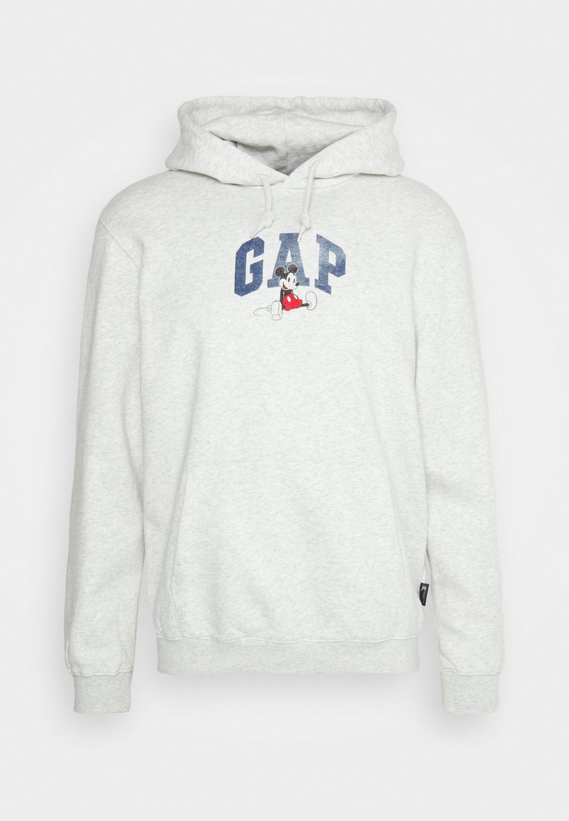 Felpa grigia chiara con cappuccio regolabile, con logo blu "GAP" e un grafico di un personaggio dei cartoni in rosso e nero. Tessuto morbido.