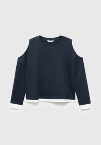 Navy blue sweatshirt with open shoulders, long sleeves, and white cuffs. Made from a soft material; features a relaxed fit and rounded neckline.