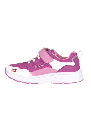 Purple and pink children's sneakers with a breathable mesh and synthetic upper, Velcro strap, and white sole featuring a textured design.