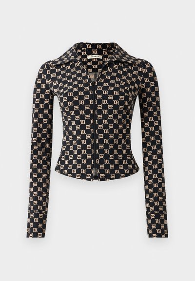 Schwarze taillierte Jacke mit beigem Gothic-Muster, langen Ärmeln, vollem Reißverschluss vorne und spitzem Kragen.