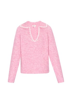 Roze gebreide trui met een V-hals en een witte golfrand kraag. Kenmerkt zich door drie decoratieve knopen bij de halslijn en ribbelstructuur.