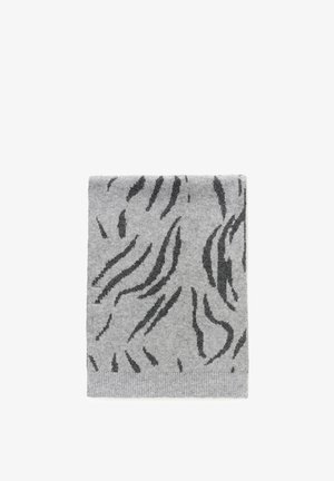 Gray scarf with a textured finish, featuring a black abstract pattern resembling animal stripes. Soft material, rectangular shape, ribbed edges.
