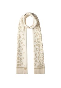 Sciarpa crema con motivo leopardato dorato, texture lavorata a maglia e estremità a costine. Presenta un piccolo logo decorativo nella parte inferiore.