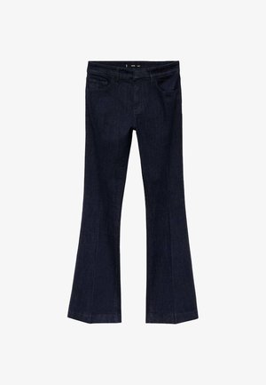 Dark blue denim flared jeans with a classic five-pocket design, zip fly, and belt loops, featuring a smooth texture and minimal stitching.