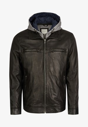 Melnas ādas jaka ar noņemamu pelēku kapuci, priekšējā rāvējslēdzēja aizdare un divi rāvējslēdzēja krūšu kabatas. Gluda tekstūra un pielāgota piegriezuma forma.