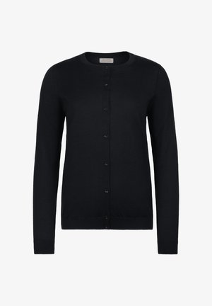 Czarny kardigan wykonany z miękkiej dzianiny, z okrągłym dekoltem, długimi rękawami oraz zapięciem na sześć guzików z przodu.