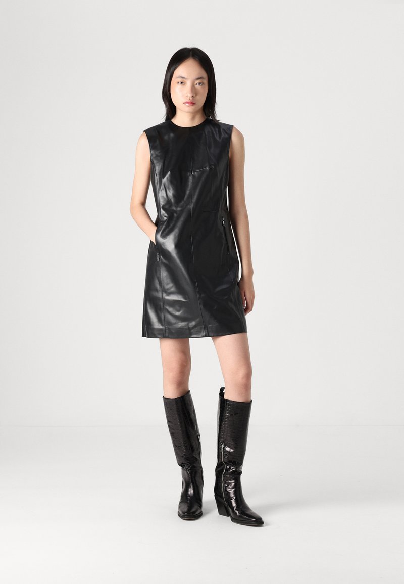 knee length dresses for ladies Black faux leather shift dress main image 0