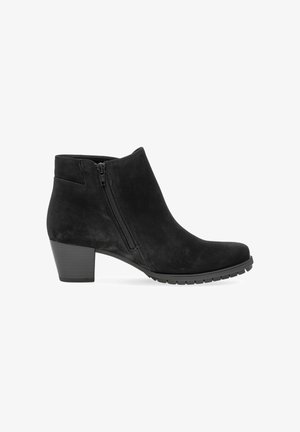 Schwarze Stiefeletten aus Wildleder mit seitlichem Reißverschluss, runder Spitze und moderatem Absatz. Gummisohle sorgt für Grip.