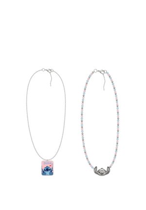 Two necklaces side by side: left has silver chain with blue Stitch pendant, right has pastel pink and blue beads with silver Stitch face charm.