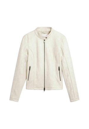 Šviesiai smėlio spalvos dirbtinės odos švarkas su apvalia apykakle, užtrauktuku priekyje ir dviem užsegamomis kišenėmis šonuose. Lygus tekstūra ir aptakus dizainas.