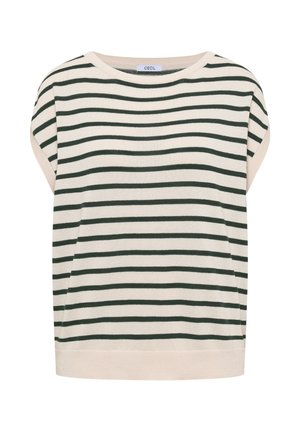 Haut en maille à manches courtes avec rayures horizontales vert foncé et beige, encolure ronde et ourlet côtelé de la marque CECIL.