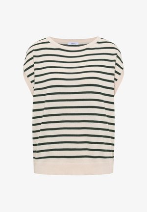 Haut en maille à manches courtes avec rayures horizontales vert foncé et beige, encolure ronde et ourlet côtelé de la marque CECIL.