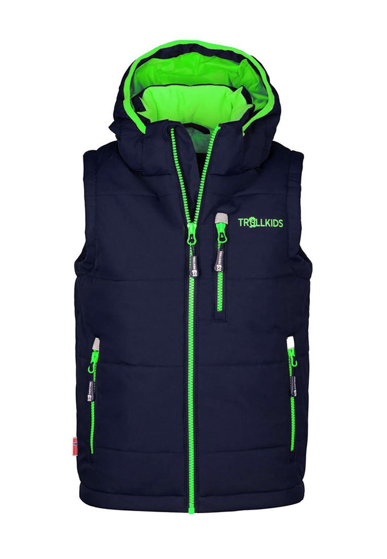 Marineblaue Steppweste mit grünem Kapuzenfutter, kontrastierende grüne Reißverschlüsse, drei Taschen und das Markenlogo auf der Brust.