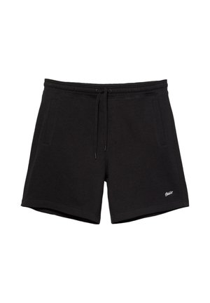 Črne priložnostne kratke hlače z elastičnim pasom, vrvico za zategovanje, dvema stranskima žepoma in majhnim belim vezenim logotipom na levi hlačnici.