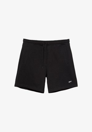 Fekete, kényelmes rövidnadrág elasztikus derékpánttal, húzózsinórral, két oldalzsebbel és egy kis fehér hímzett logóval a bal lábszáron.