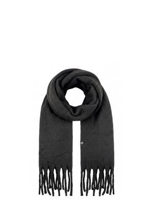 Black knitted scarf with fringed ends arranged in a loop with a small white logo near one end on a white background.