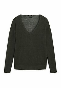 Sweter w serek, z długim rękawem w ciemnozielonym kolorze z dzianiny. Posiada ściągacze u dołu i przy rękawach, teksturowany materiał o otwartym splocie.