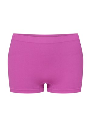 Fuksjowe szorty z rozciągliwej bawełny o prążkowanej fakturze, o wysokim stanie. Posiadają krótkie nogawki i starannie wykończone krawędzie.