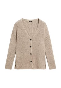Ljust beige stickad cardigan med v-ringning, långa ärmar, framknappar och sidoflikar för extra rörelsefrihet. Texturen verkar mjuk och mysig.