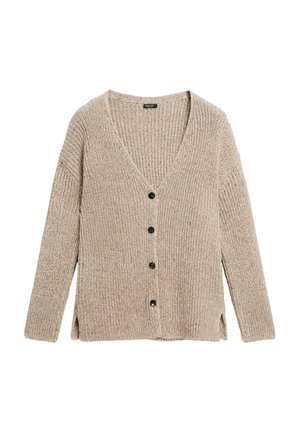Cardigan lavorato a maglia beige chiaro con scollo a V, maniche lunghe, bottoni frontali e spacchi laterali per facilitare i movimenti. La texture sembra morbida e accogliente.