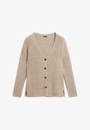 Cardigan lavorato a maglia beige chiaro con scollo a V, maniche lunghe, bottoni frontali e spacchi laterali per facilitare i movimenti. La texture sembra morbida e accogliente.