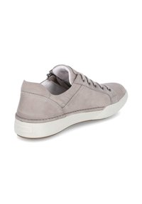 Light gray leather sneaker with a smooth matte texture, round toe, white rubber sole, and six eyelet lace-up design. A back pull tab is present.